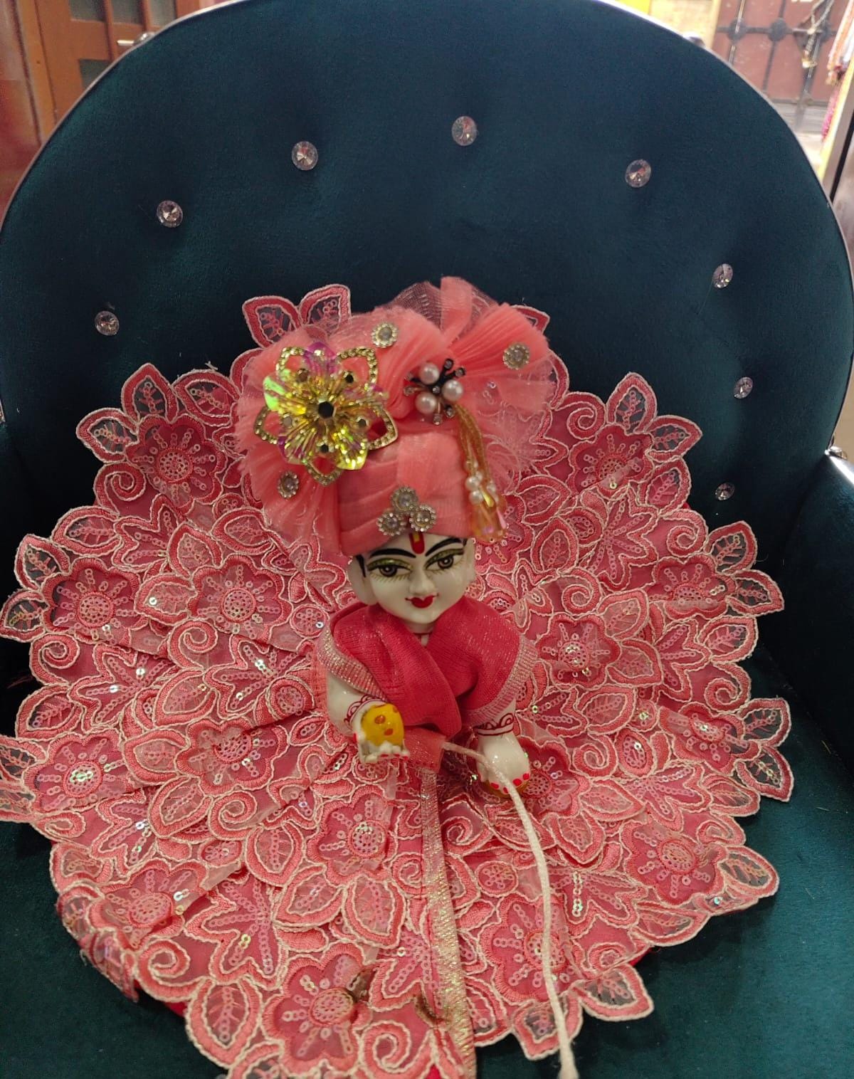 7. Baby Pink Embroidered Lace Laddu Gopal Poshak Set